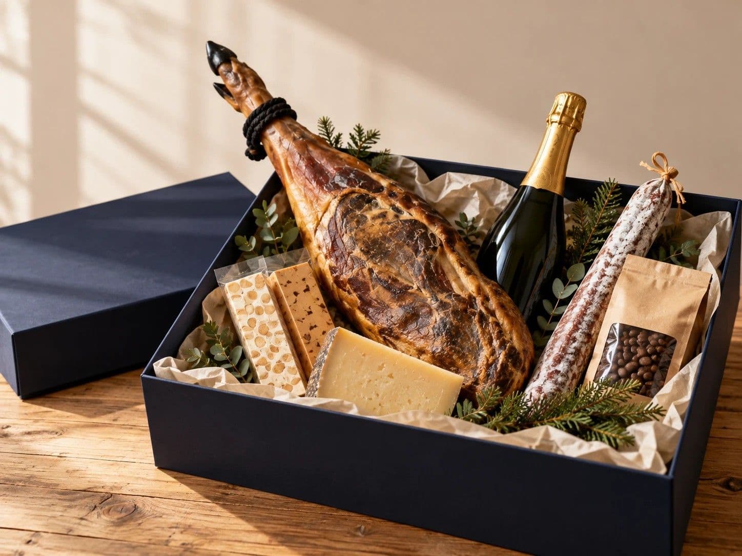 Caja azul con paletilla ibérica, cava, turrones, queso, longaniza y café