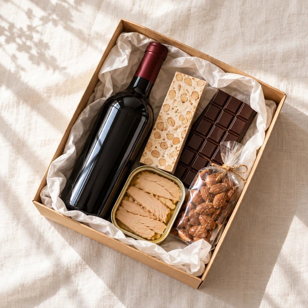 Caja de cartón con vino tinto, turrón, chocolate negro, atún y almendras