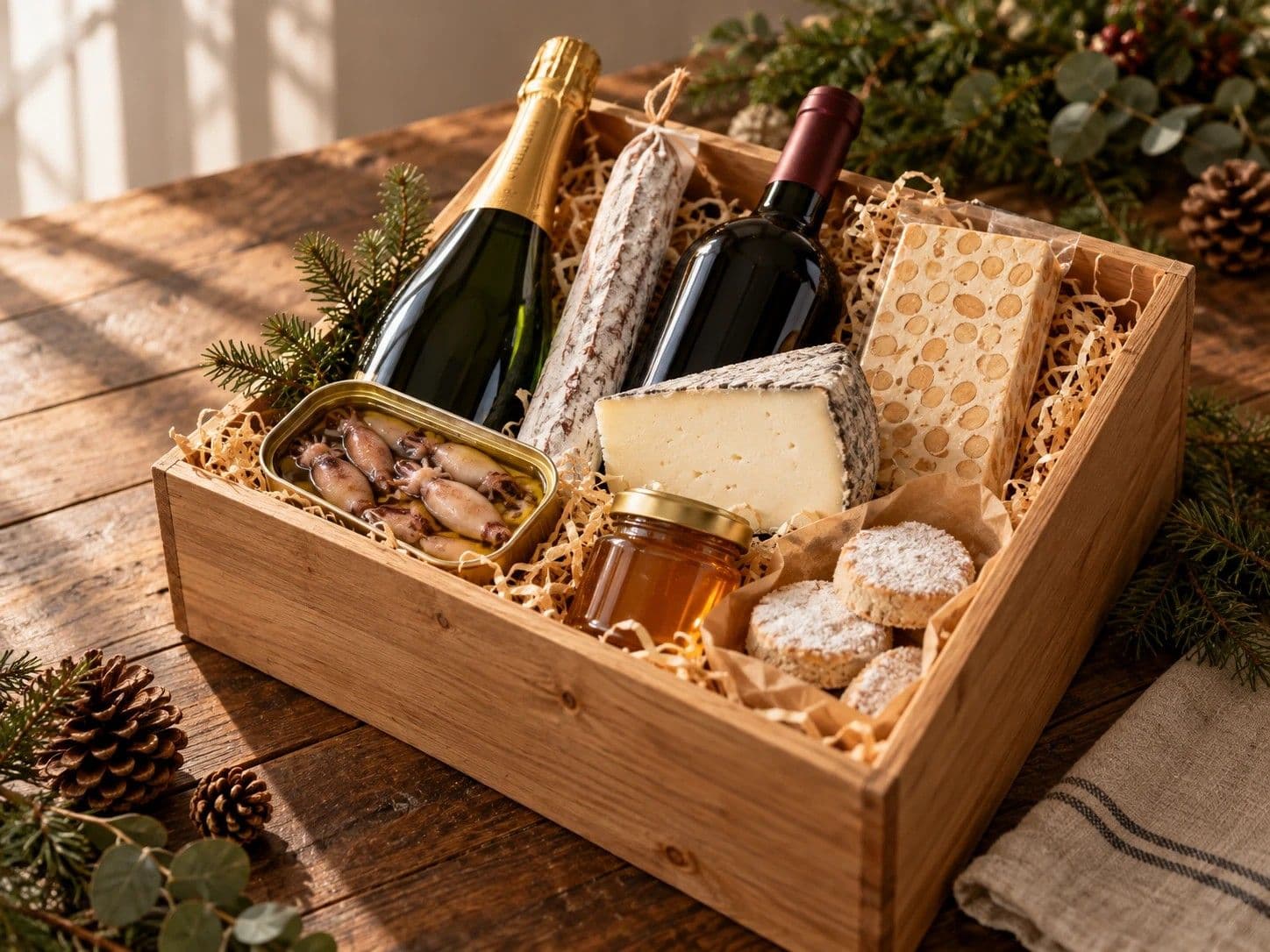 Caja de madera con cava, vino, fuet, queso de cabra, turrón, chipirones, miel y polvorones