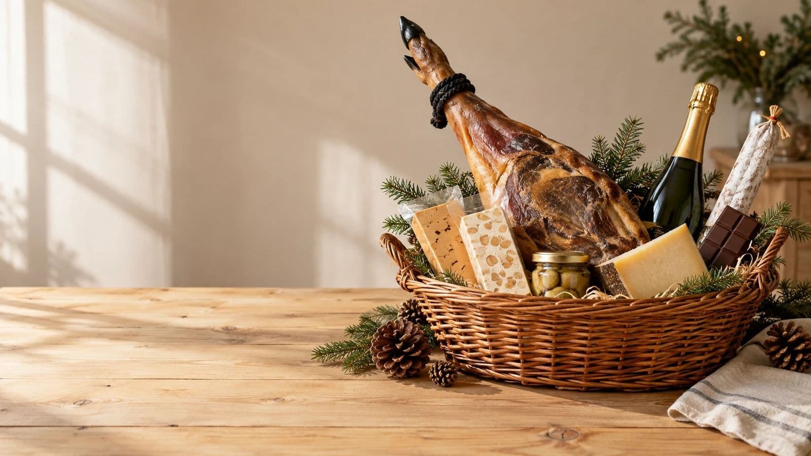 Cesta de mimbre con paletilla ibérica, cava, turrones, queso, fuet y chocolate