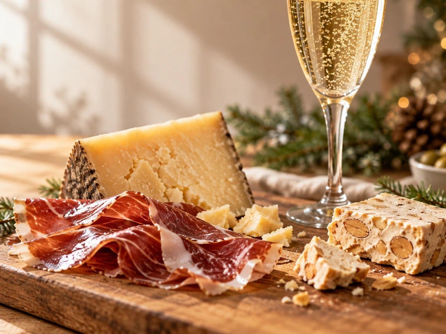 Lonchas de jamón ibérico, queso curado, turrón de Jijona y una copa de cava