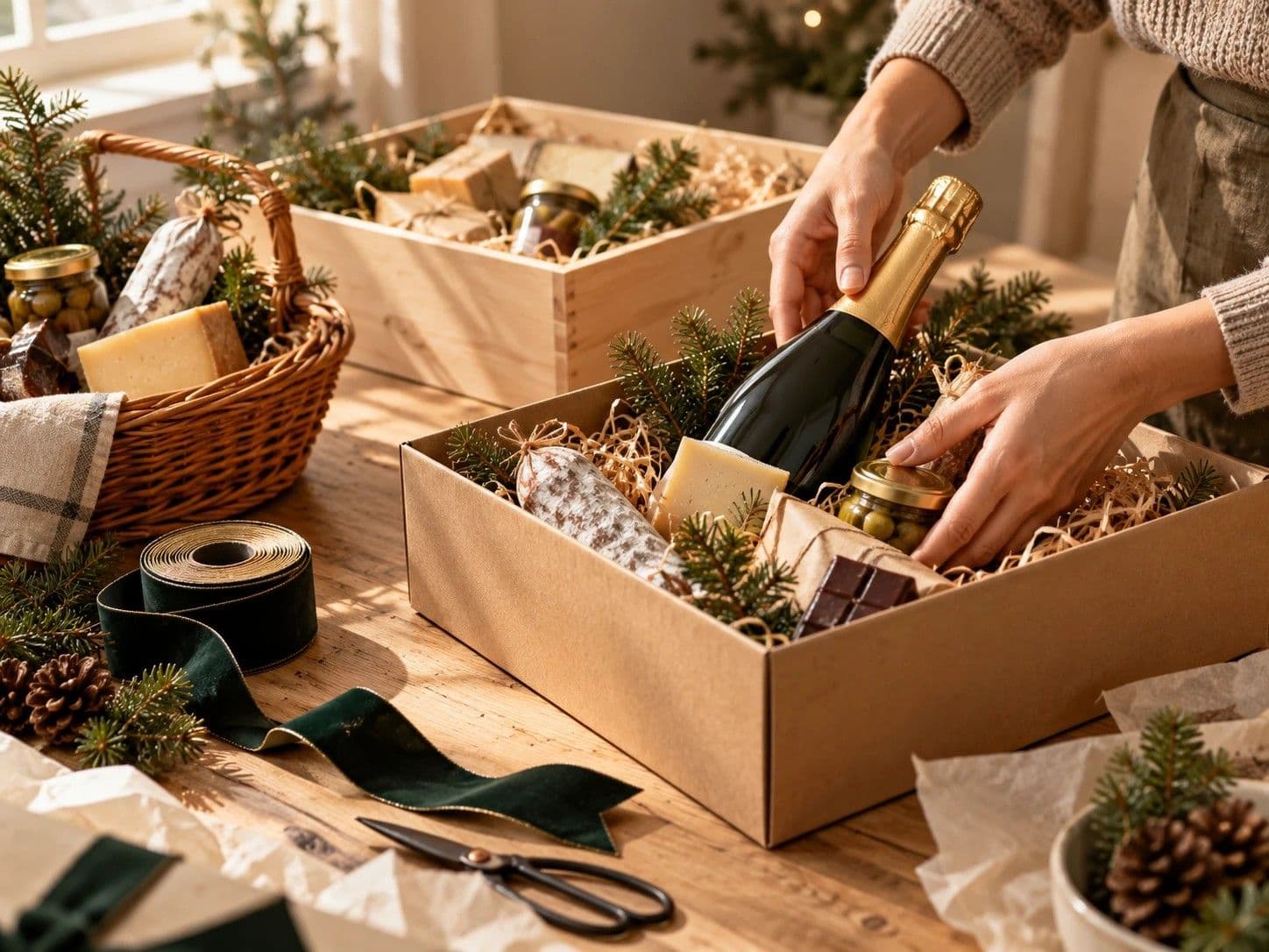 Manos montando una caja de Navidad con cava, queso, fuet y chocolate